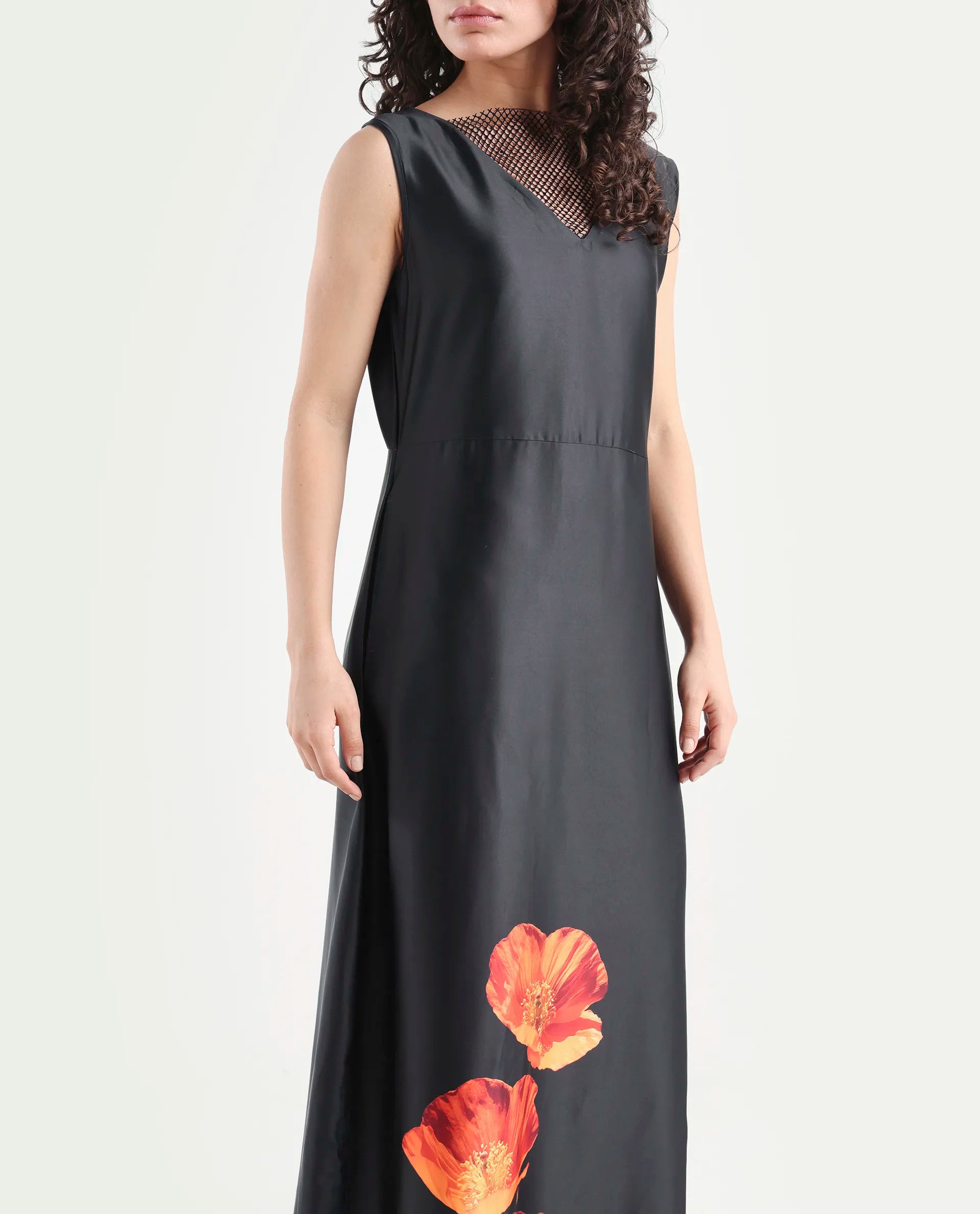 Rareism Women's Rost Black Polyester Collarless Floral Print Sleeveless Maxi Regular Fit Dress