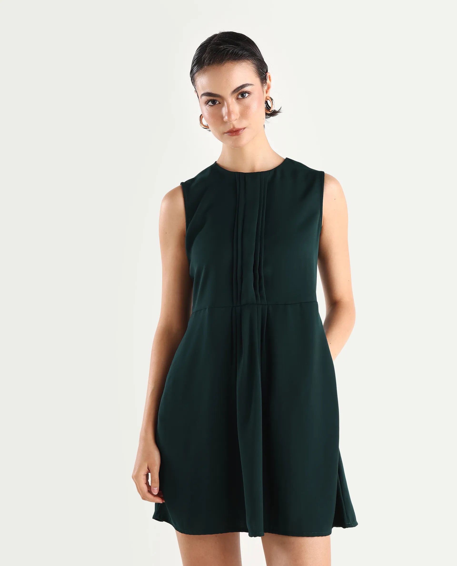 Rareism Women's Roux Olive Polyester Blend Crew Neck Plain Sleeveless Mini Fit And Flare Dress