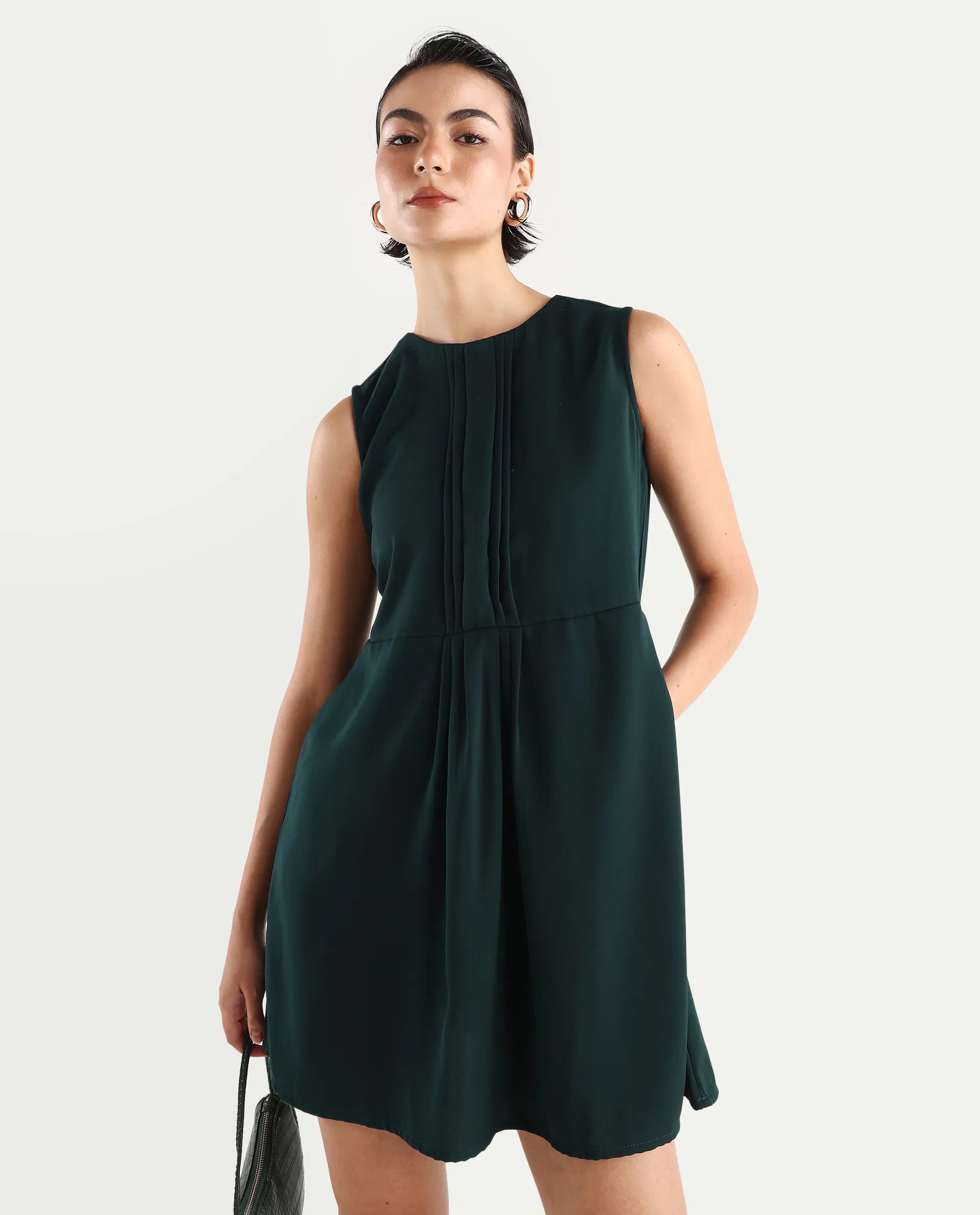 Rareism Women's Roux Olive Polyester Blend Crew Neck Plain Sleeveless Mini Fit And Flare Dress