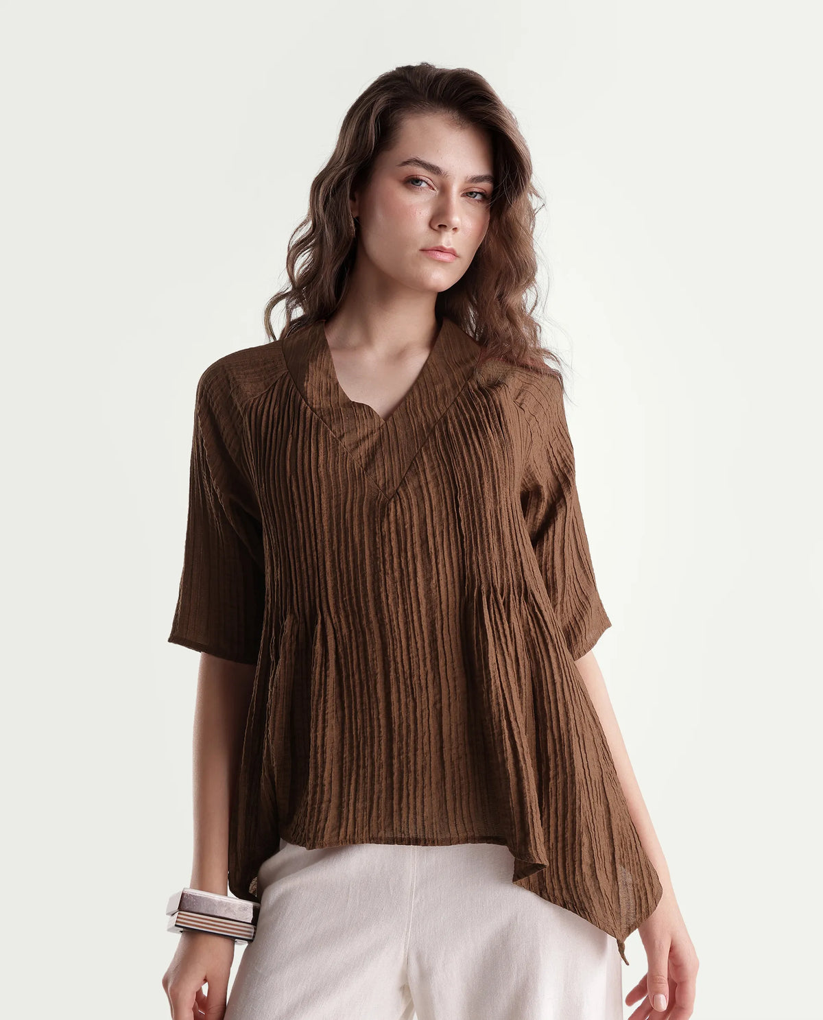 Rareism Women's Maruka Rust Polyester Blend V-Neck Plain Raglan Sleeve Regular Fit Top