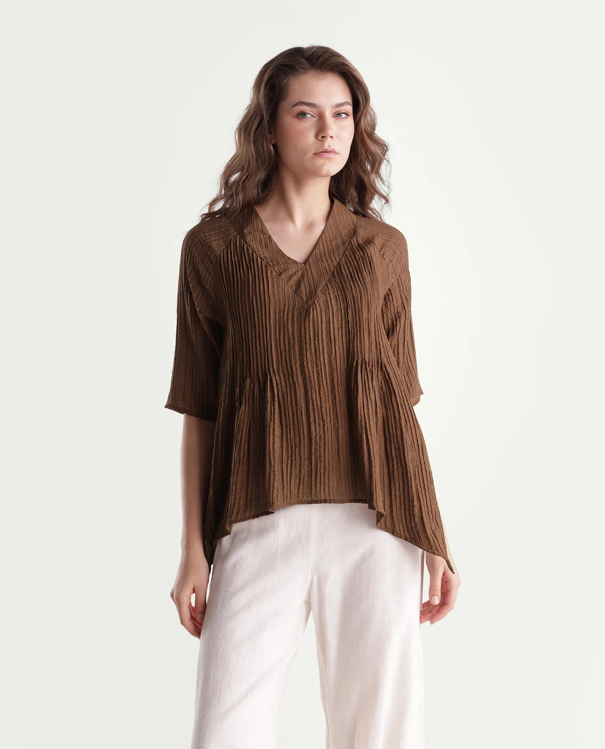 Rareism Women's Maruka Rust Polyester Blend V-Neck Plain Raglan Sleeve Regular Fit Top