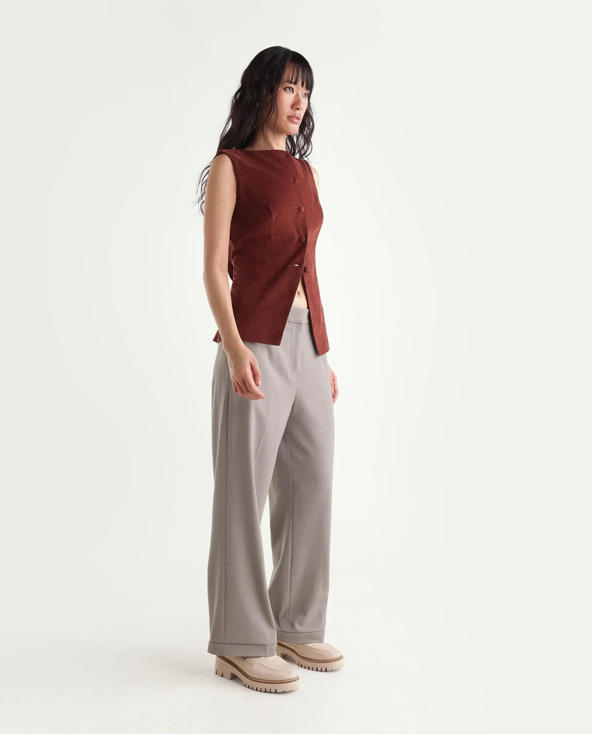 Rareism Women's Srait-Aw26 Fawn Polyester Blend Straight Plain Trouser