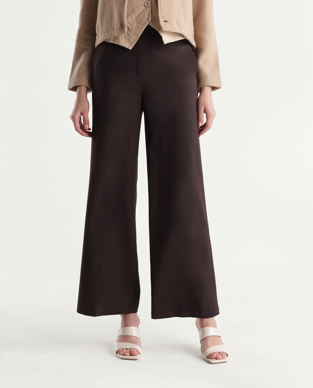 Rareism Women's Widraw Primary Brown Polyester Blend Button And Zip Wide Leg Plain Trouser