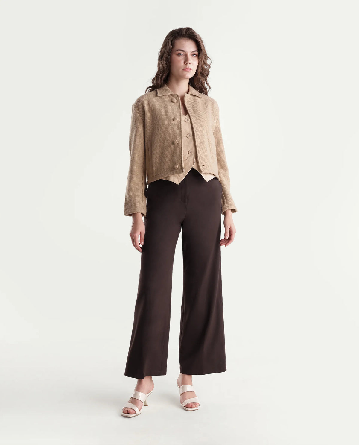 Rareism Women's Widraw Primary Brown Polyester Blend Button And Zip Wide Leg Plain Trouser