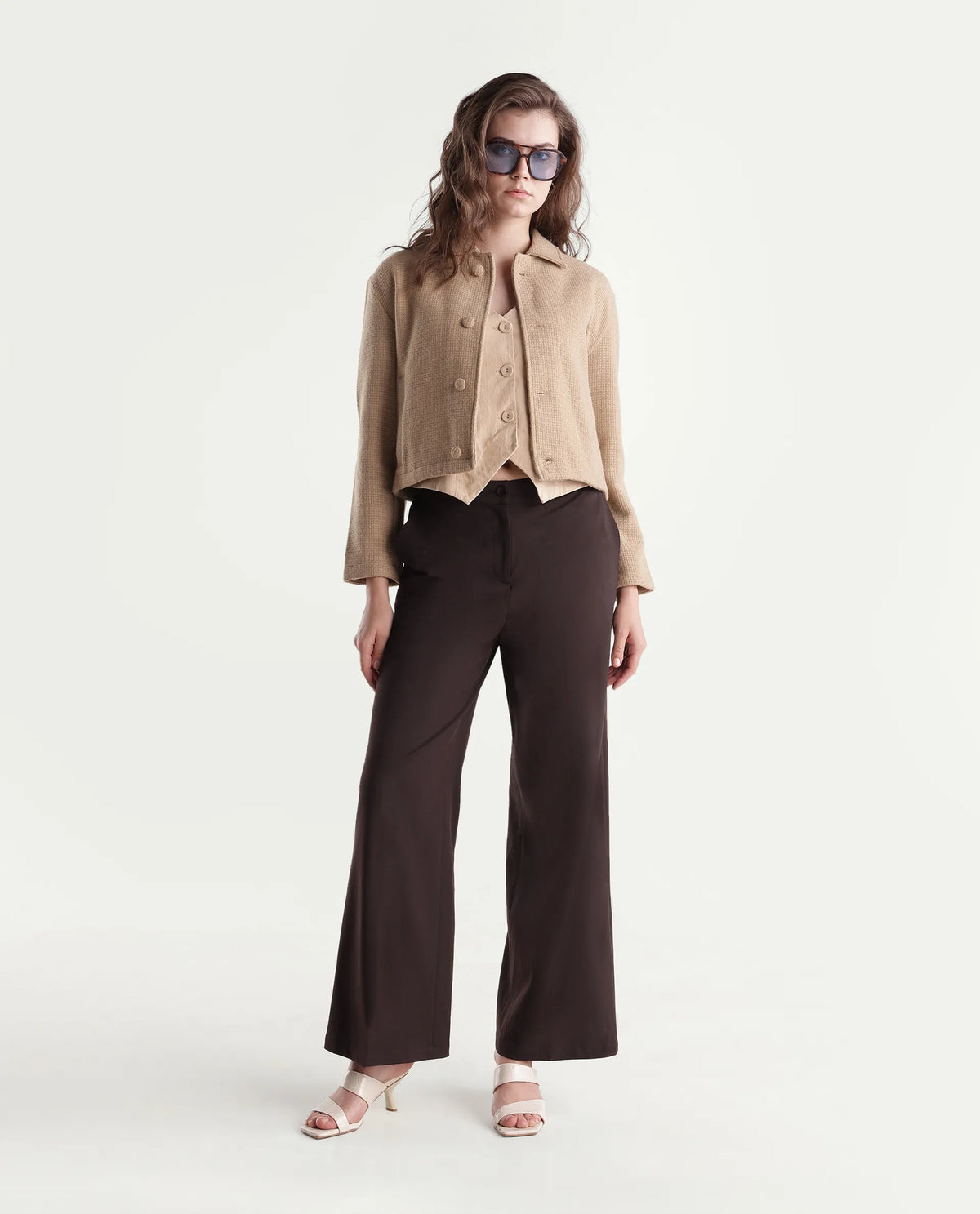 Rareism Women's Widraw Primary Brown Polyester Blend Button And Zip Wide Leg Plain Trouser