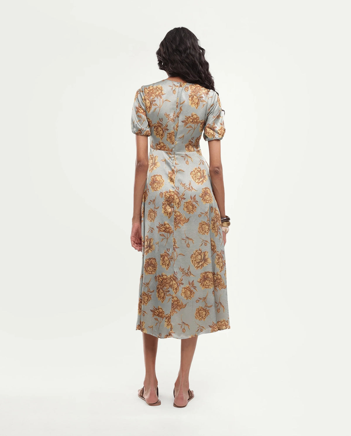 Rareism Women's Falo Pastel Blue Polyester Button And Zip Fit And Flare Floral Print Dress