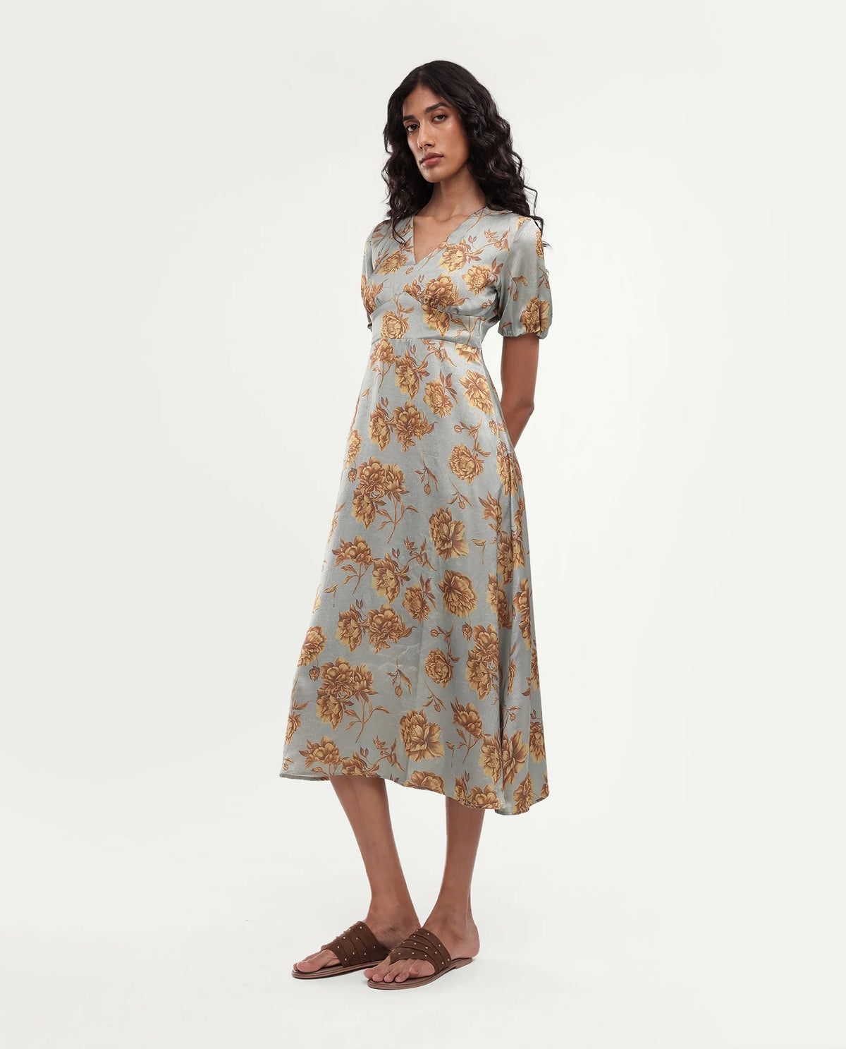 Rareism Women's Falo Pastel Blue Polyester Button And Zip Fit And Flare Floral Print Dress