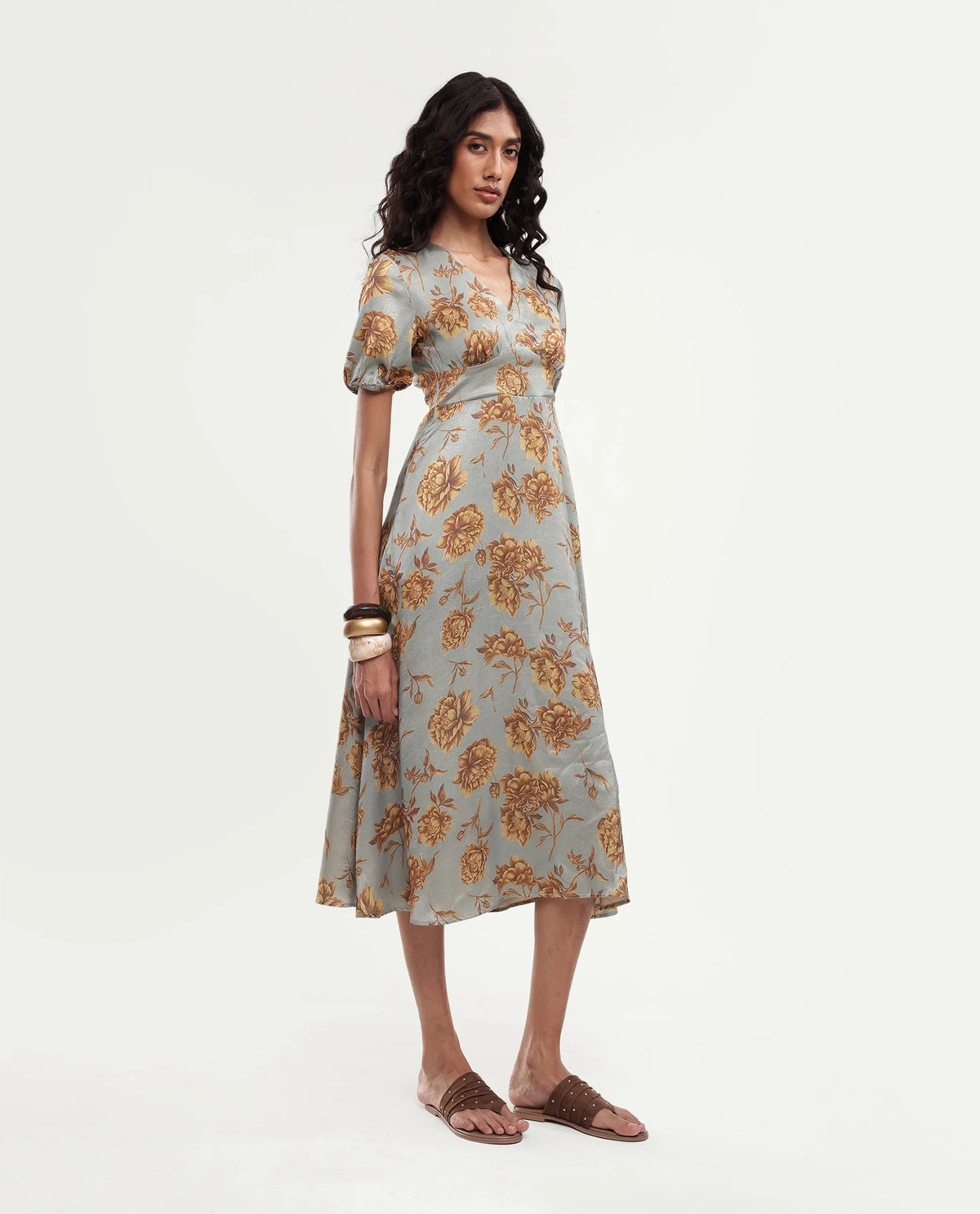 Rareism Women's Falo Pastel Blue Polyester Button And Zip Fit And Flare Floral Print Dress