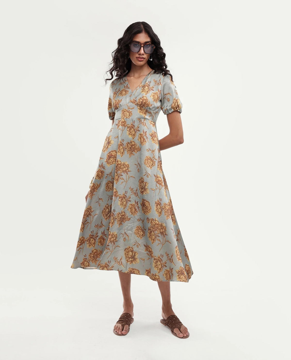 Rareism Women's Falo Pastel Blue Polyester Button And Zip Fit And Flare Floral Print Dress