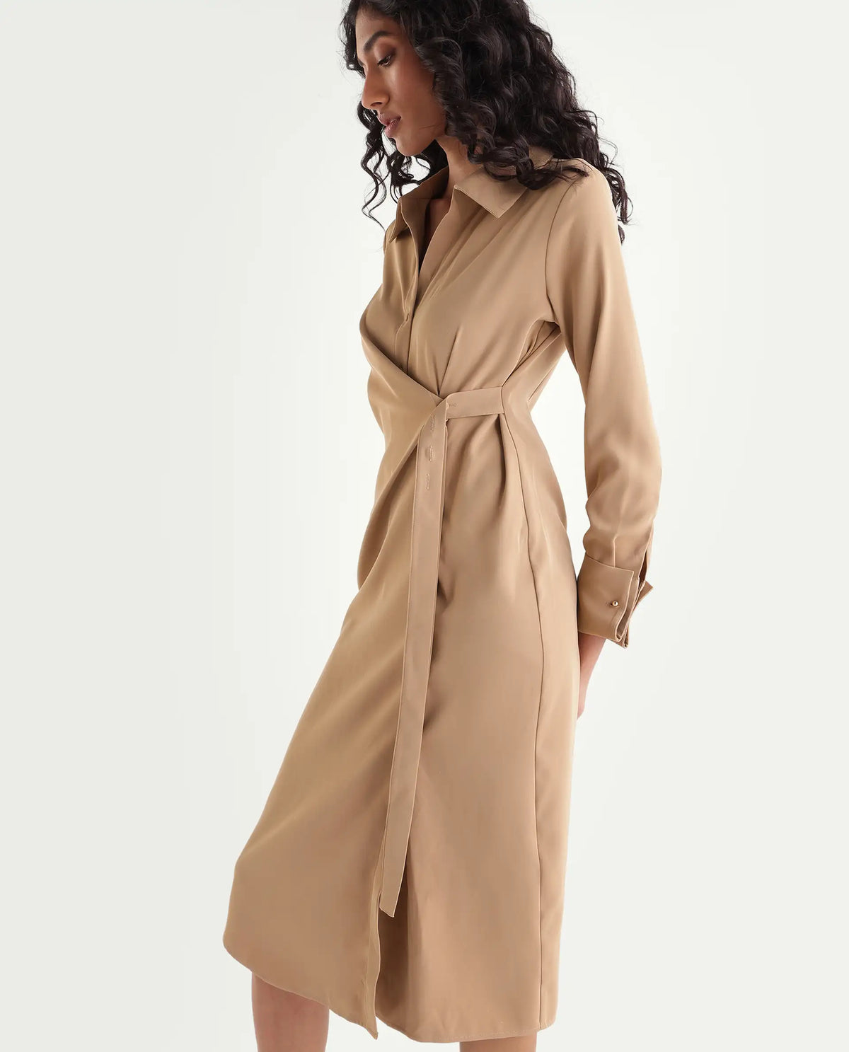 Rareism Women's Yaron Beige Polyester Button Regular Fit Dress