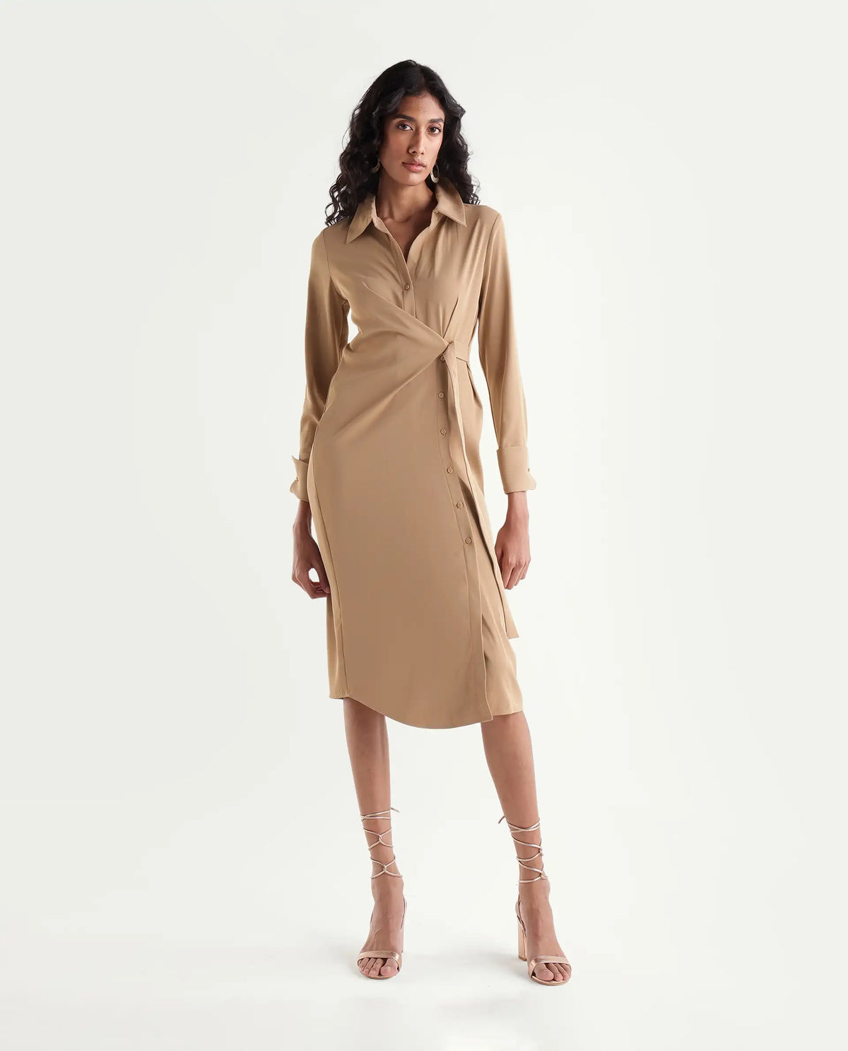 Rareism Women's Yaron Beige Polyester Button Regular Fit Dress
