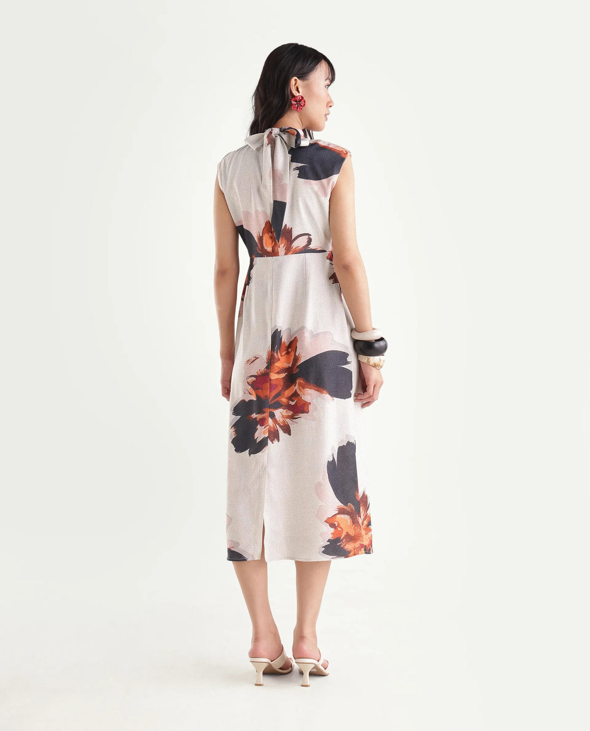 Rareism Women's Imara Beige Polyester Regular Fit Floral Print Dress
