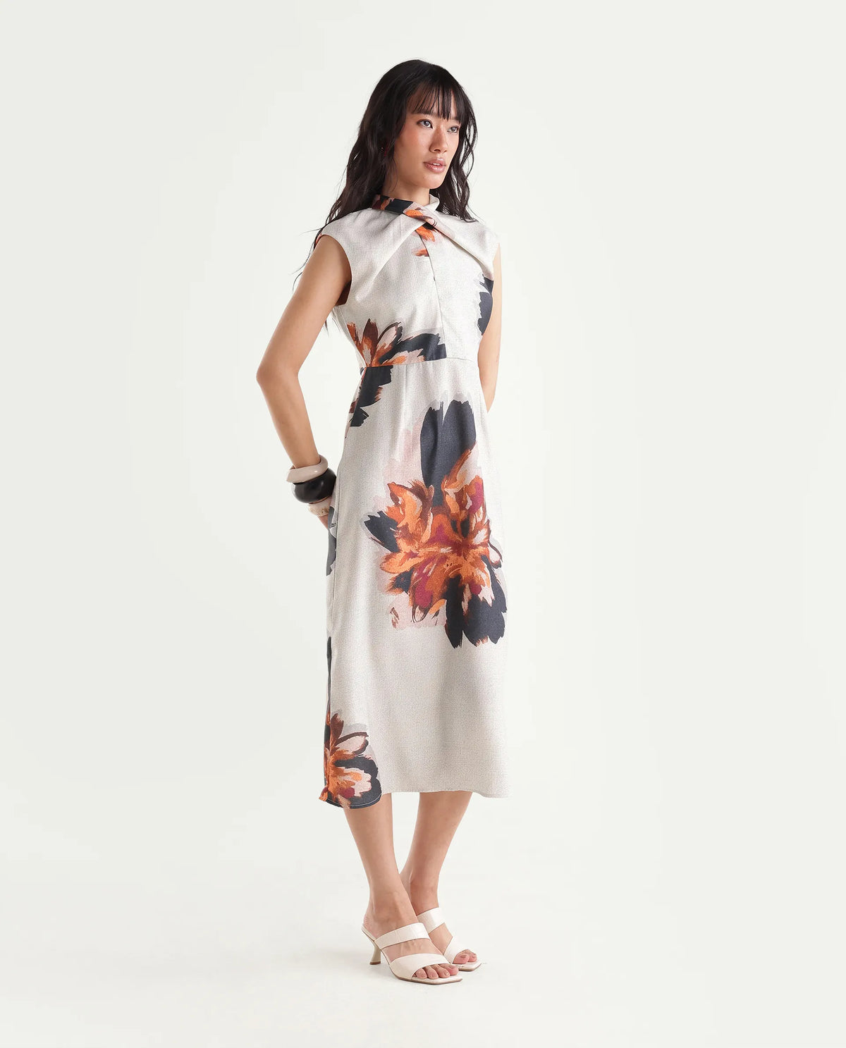 Rareism Women's Imara Beige Polyester Regular Fit Floral Print Dress