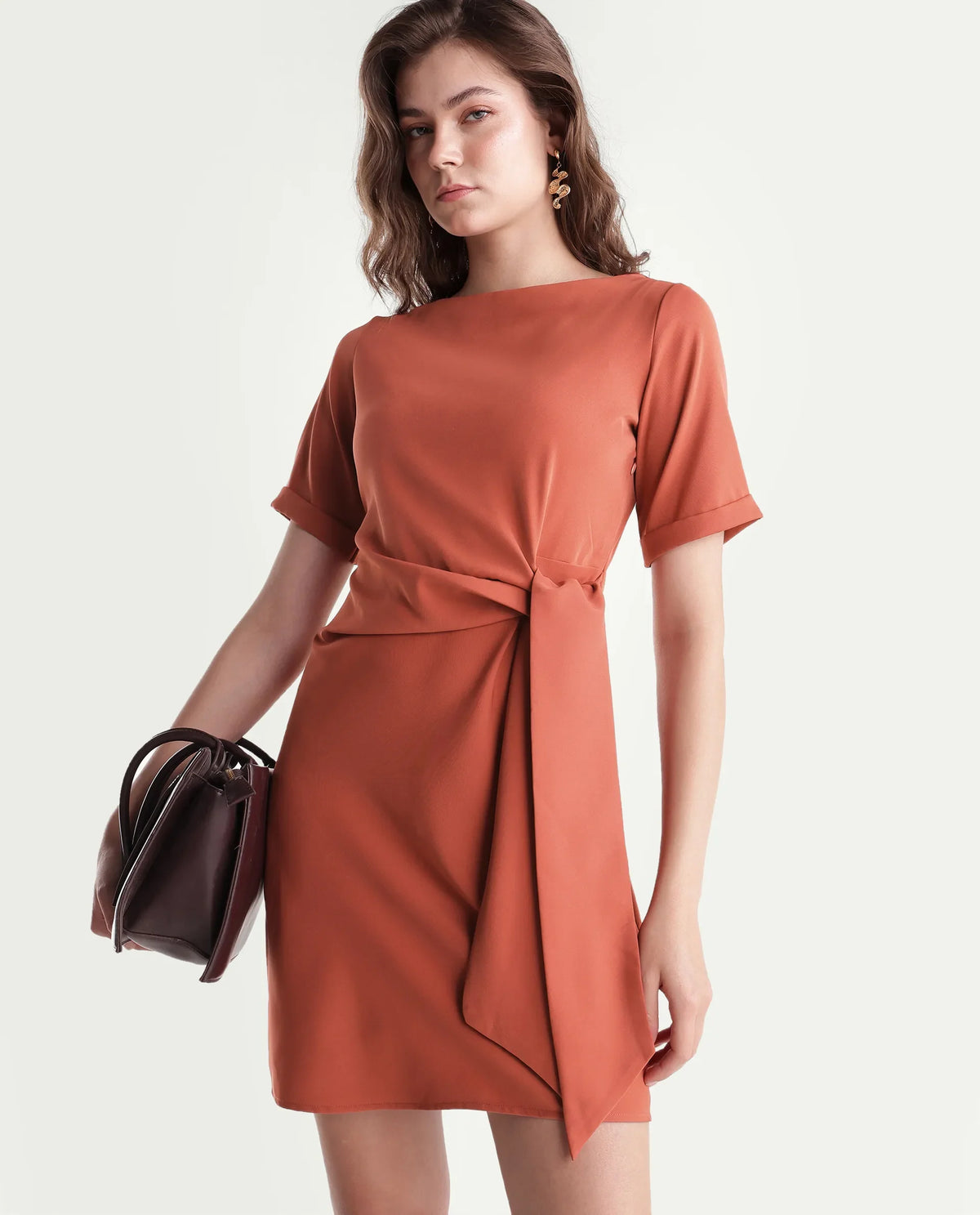 Rareism Women's Inzila Rust Polyester Zipper Fitted Dress