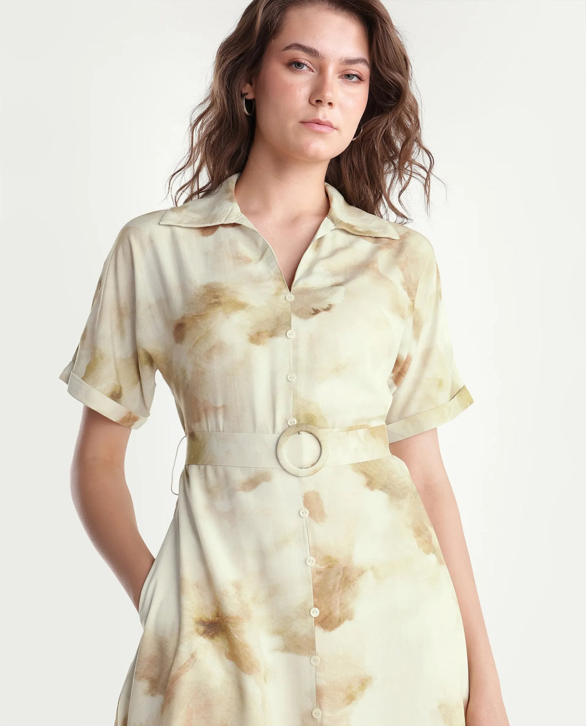 Rareism Women's Slate Olive Viscose Pull-On A-Line Abstract Print Dress