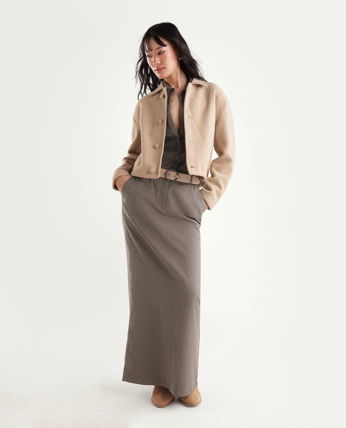Rareism Women's Yuvia-B Dusky Brown Polyester Blend Hook And Zipper Fitted Skirt