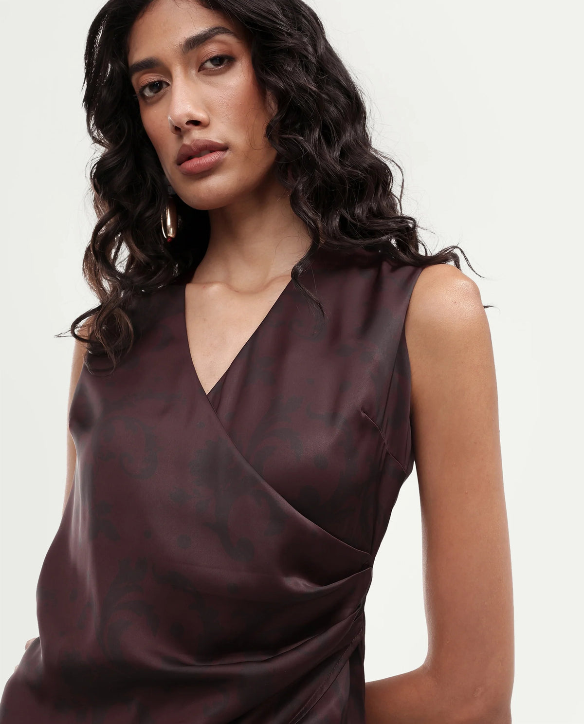 Rareism Women's Satox-T Dark Maroon Polyester Button And Zip Wrap Printed Top