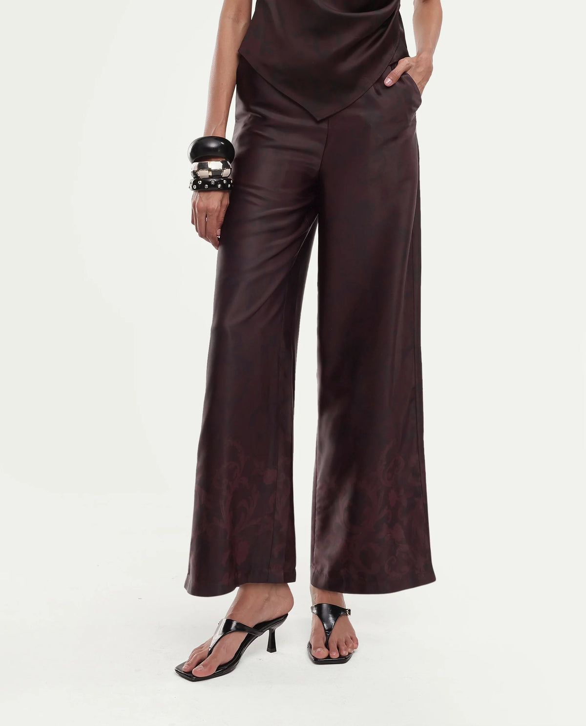 Rareism Women's Satox-B Dark Maroon Polyester Button And Zip Wide Printed Trouser