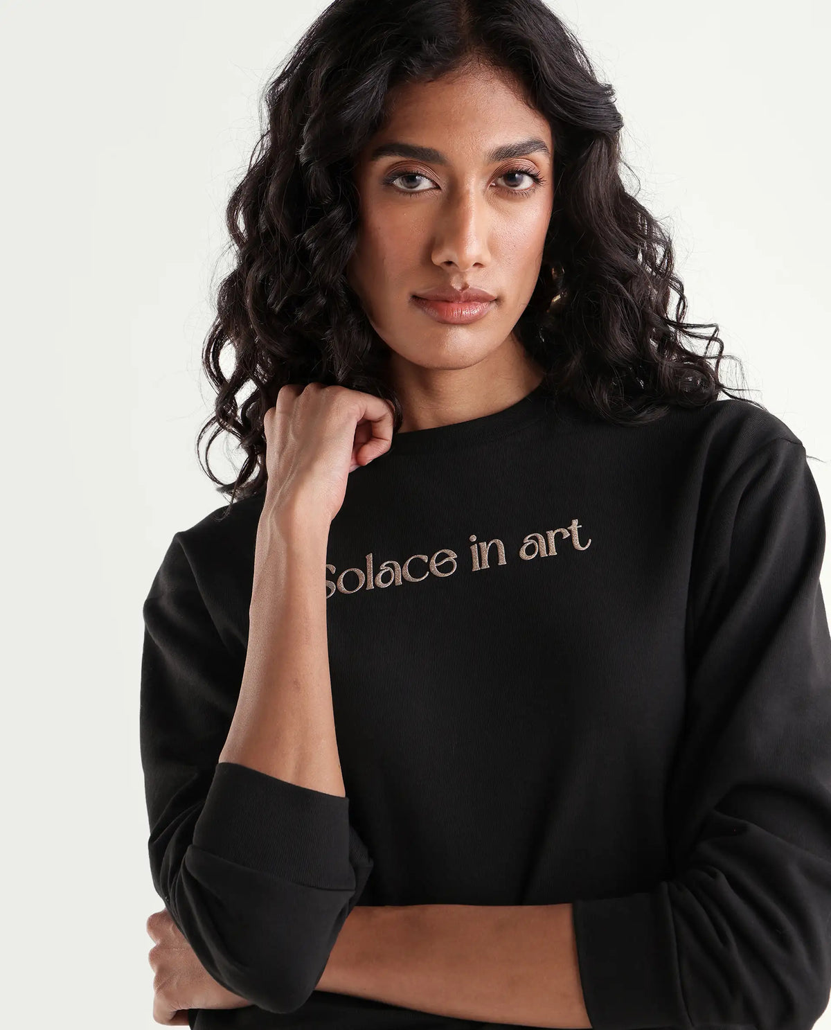 Rareism Women's Prow Black Cotton Blend Relaxed Fit Typography Print Sweatshirt