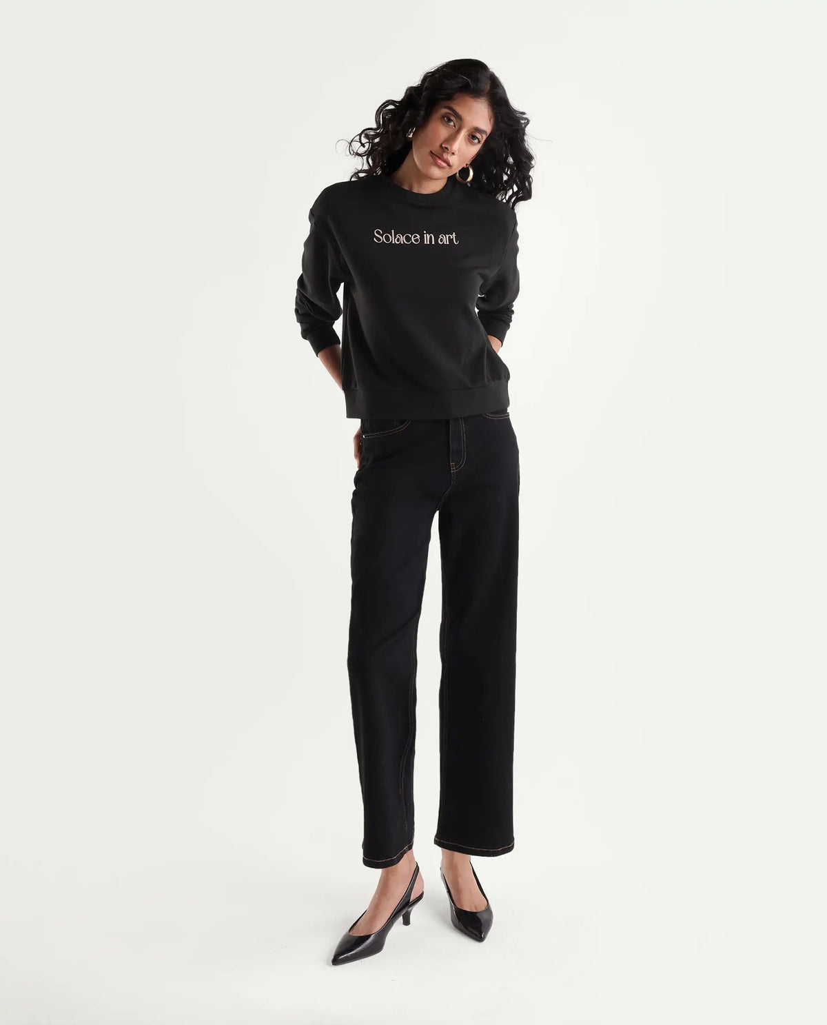 Rareism Women's Prow Black Cotton Blend Relaxed Fit Typography Print Sweatshirt