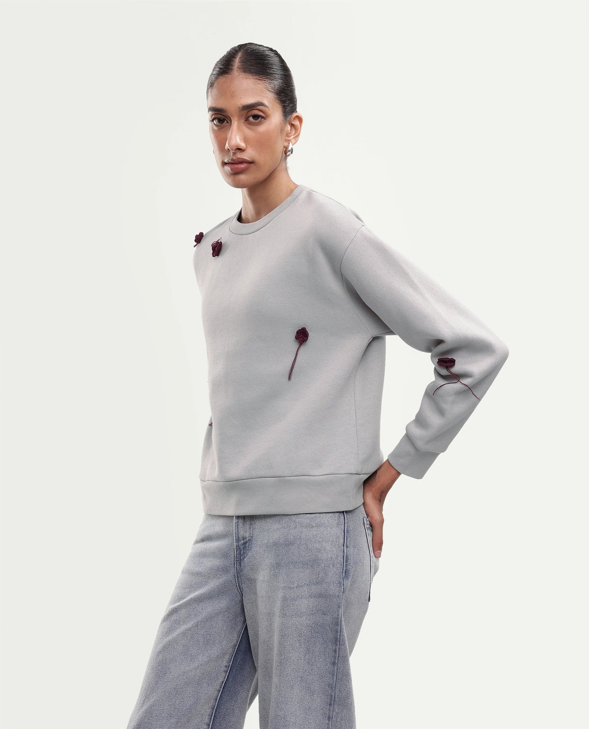 Rareism Women's Piano Light Grey Cotton Blend Pull-On Relaxed Fit Floral Print Sweatshirt