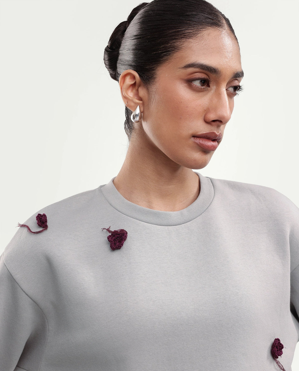 Rareism Women's Piano Light Grey Cotton Blend Pull-On Relaxed Fit Floral Print Sweatshirt