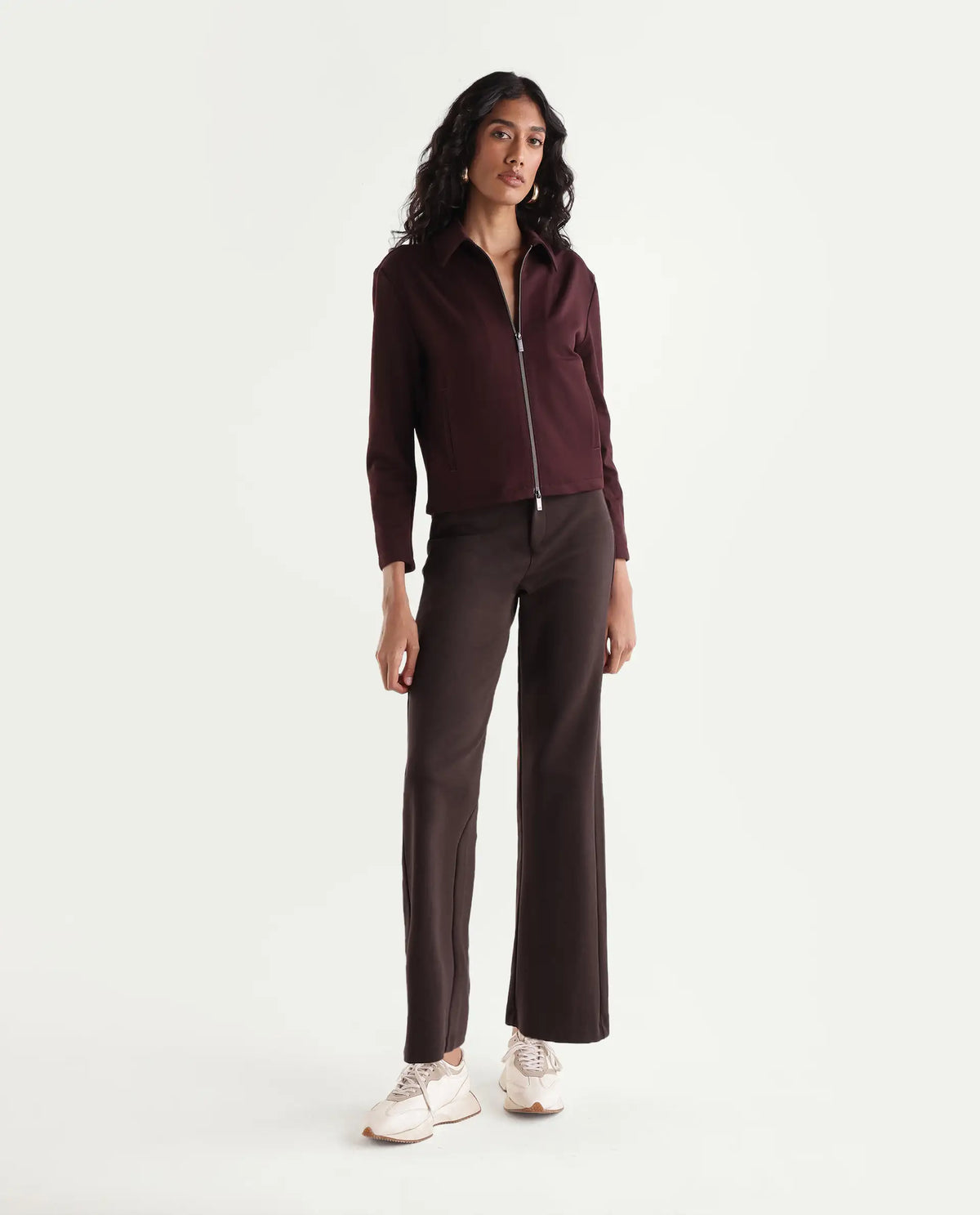 Rareism Women's Pay-B Dark Brown Cotton Blend Button And Zip Straight Track Pant