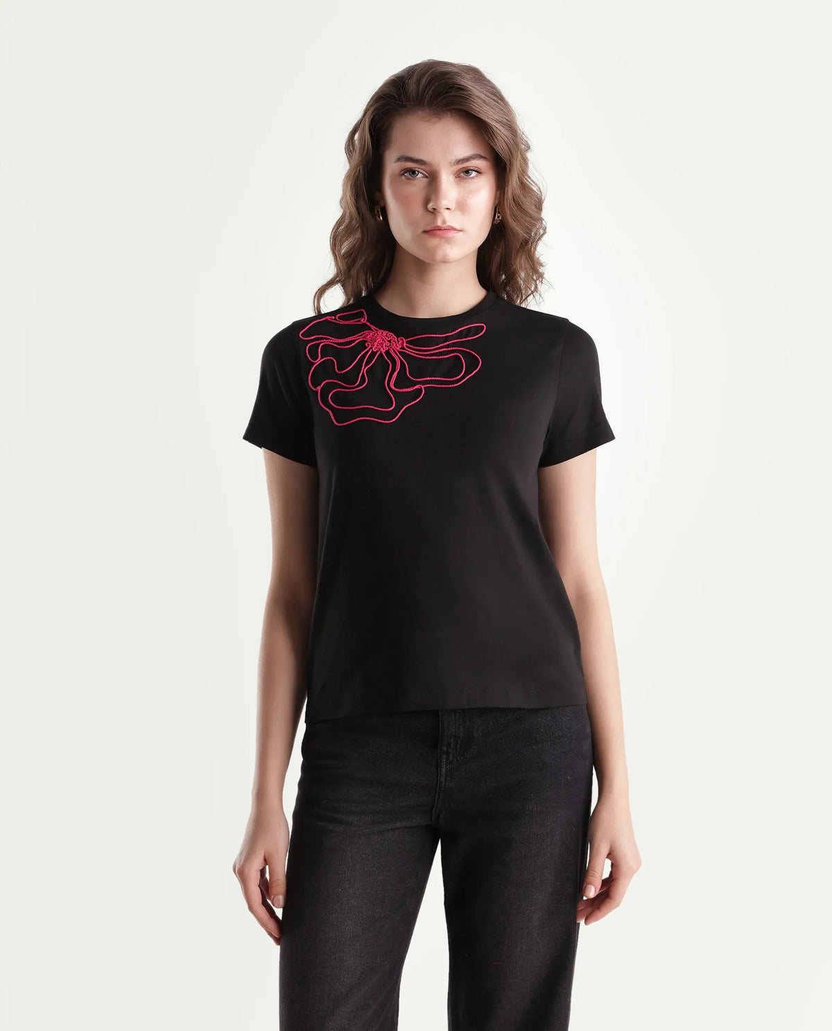 Rareism Women's Pordd Black Cotton Blend Pull-On Regular Fit T-Shirt