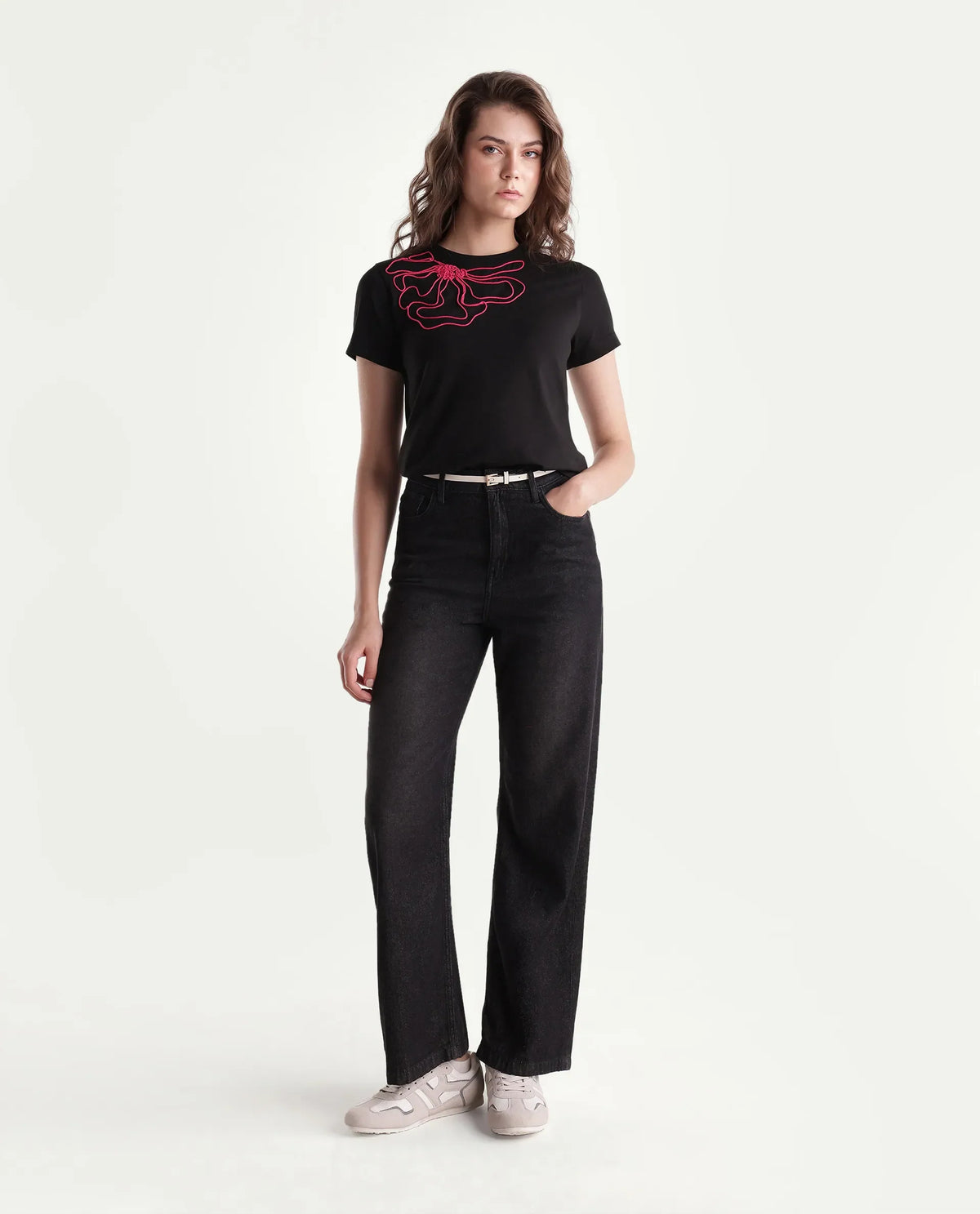 Rareism Women's Pordd Black Cotton Blend Pull-On Regular Fit T-Shirt