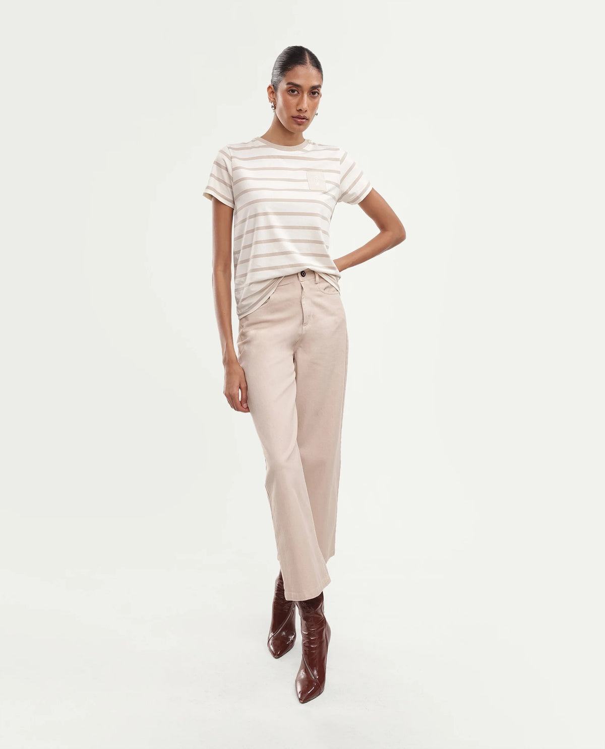 Rareism Women's Pos Light Beige Cotton Blend Pull-On Regular Fit T-Shirt