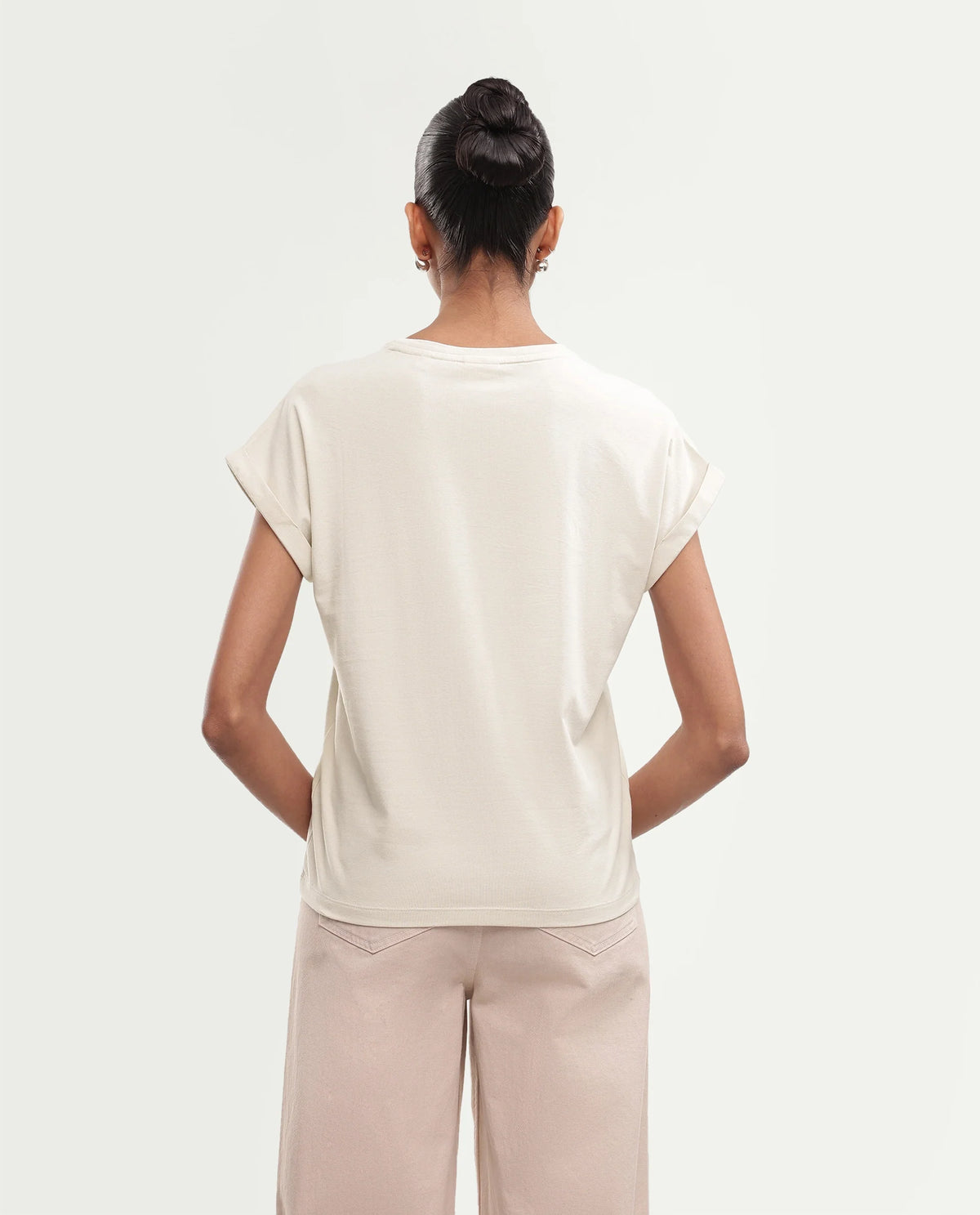 Rareism Women's Piku Light Beige Cotton Blend Pull-On Relaxed Fit Embroidered T-Shirt