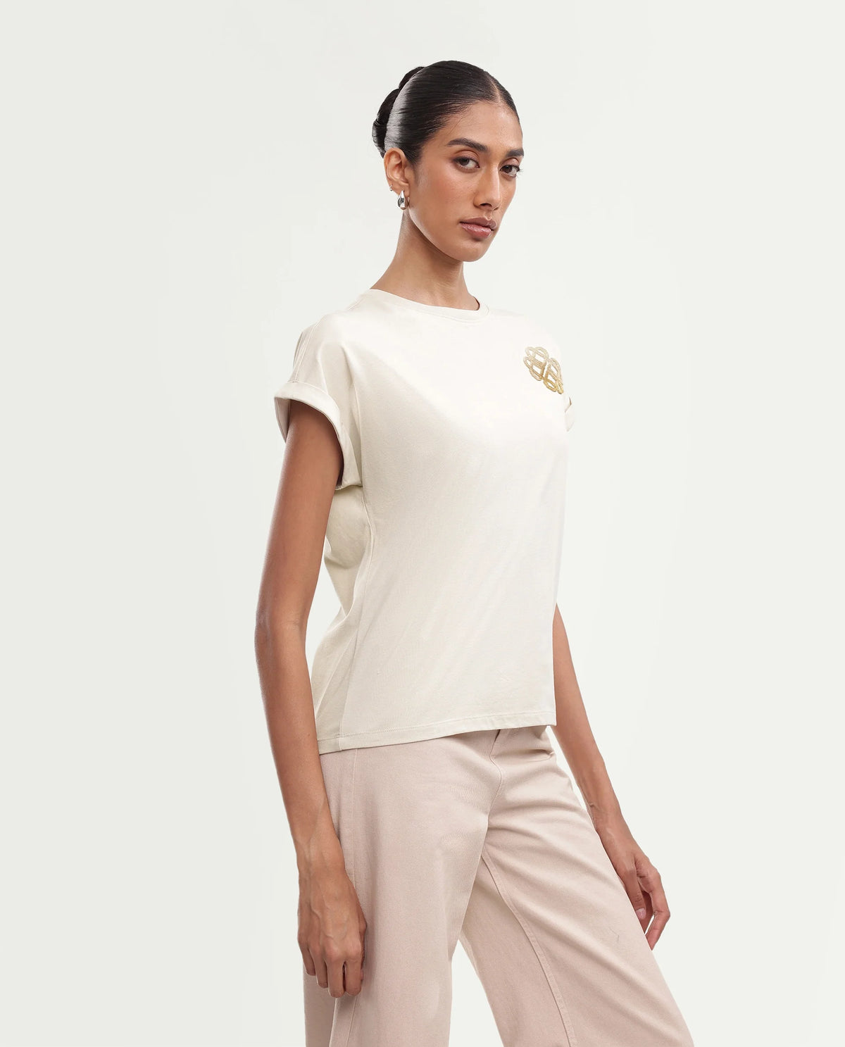 Rareism Women's Piku Light Beige Cotton Blend Pull-On Relaxed Fit Embroidered T-Shirt