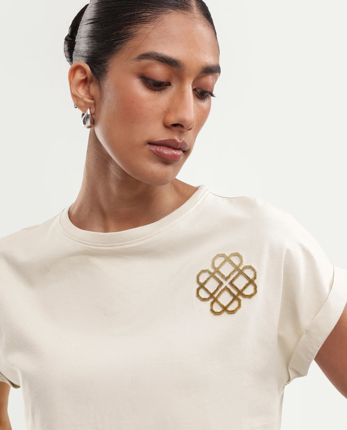Rareism Women's Piku Light Beige Cotton Blend Pull-On Relaxed Fit Embroidered T-Shirt