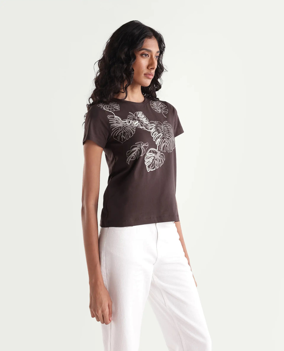 Rareism Women's Pepper Dark Brown Cotton Blend Pull-On Regular Fit Printed T-Shirt
