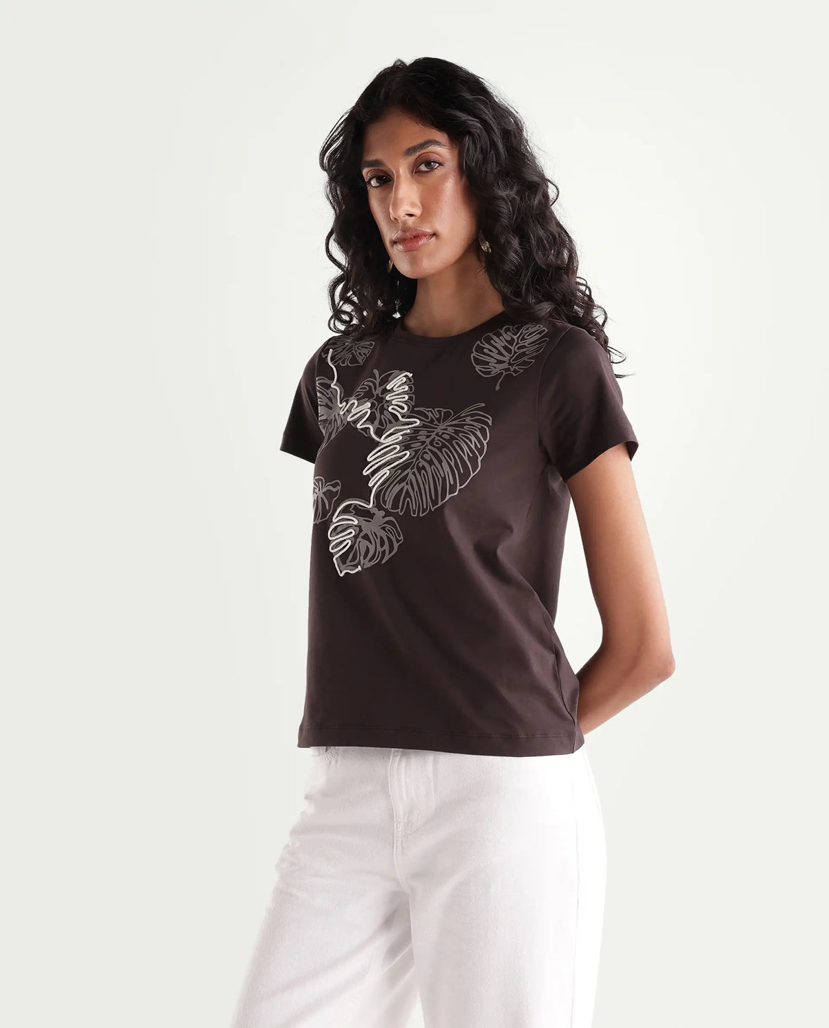 Rareism Women's Pepper Dark Brown Cotton Blend Pull-On Regular Fit Printed T-Shirt