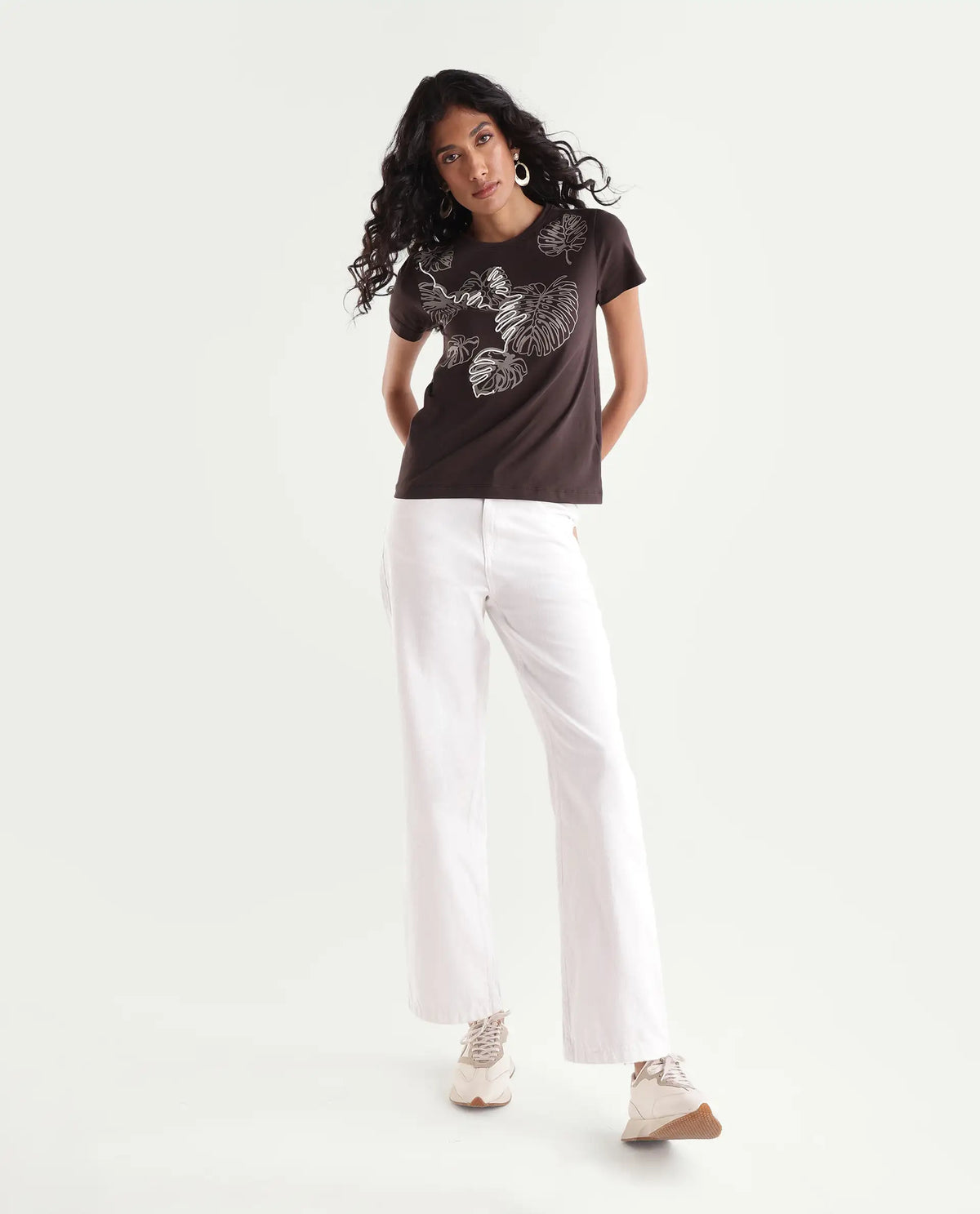 Rareism Women's Pepper Dark Brown Cotton Blend Pull-On Regular Fit Printed T-Shirt