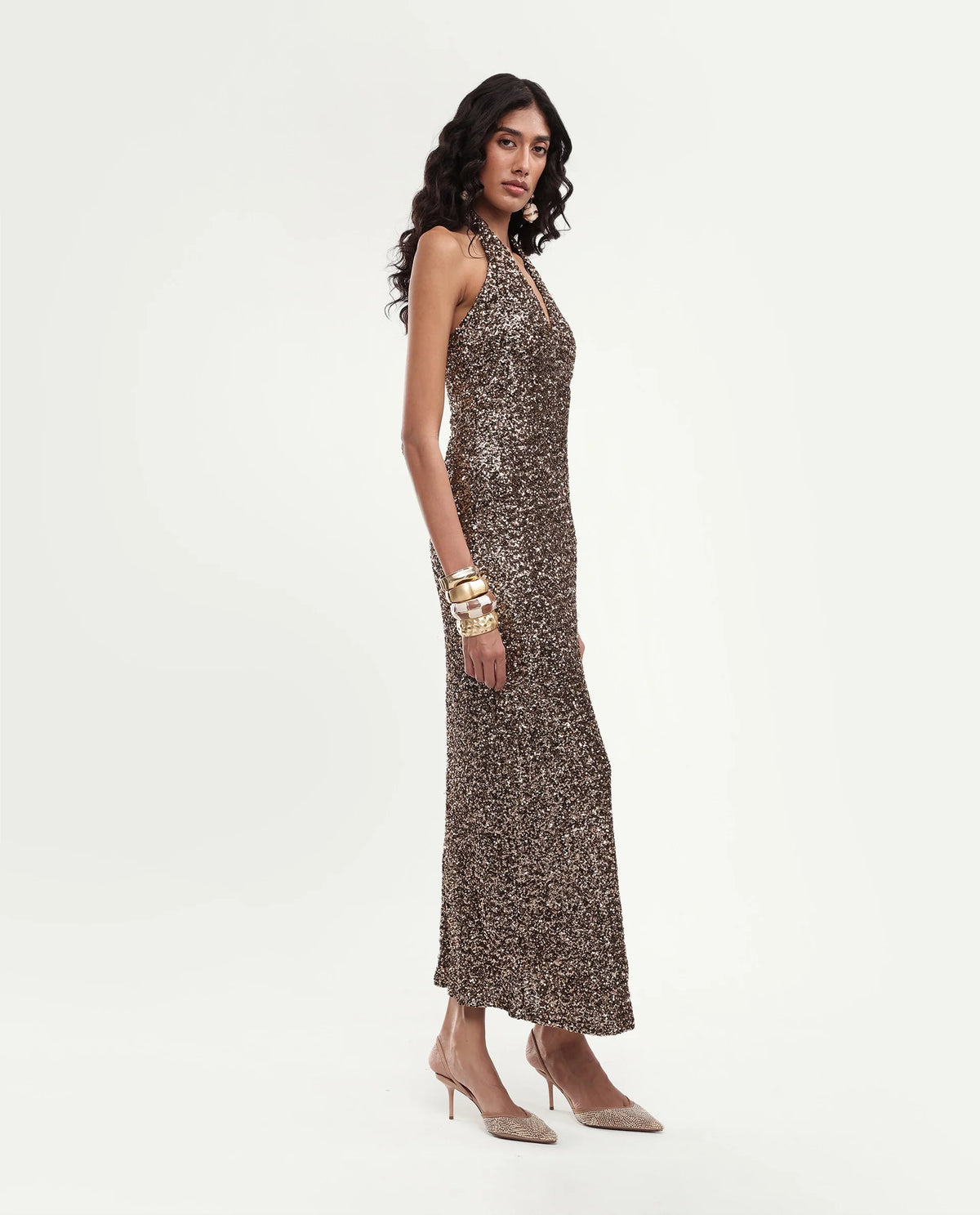 Rareism Women's Piquin Metalic Brown Polyester Button Bodycon Dress