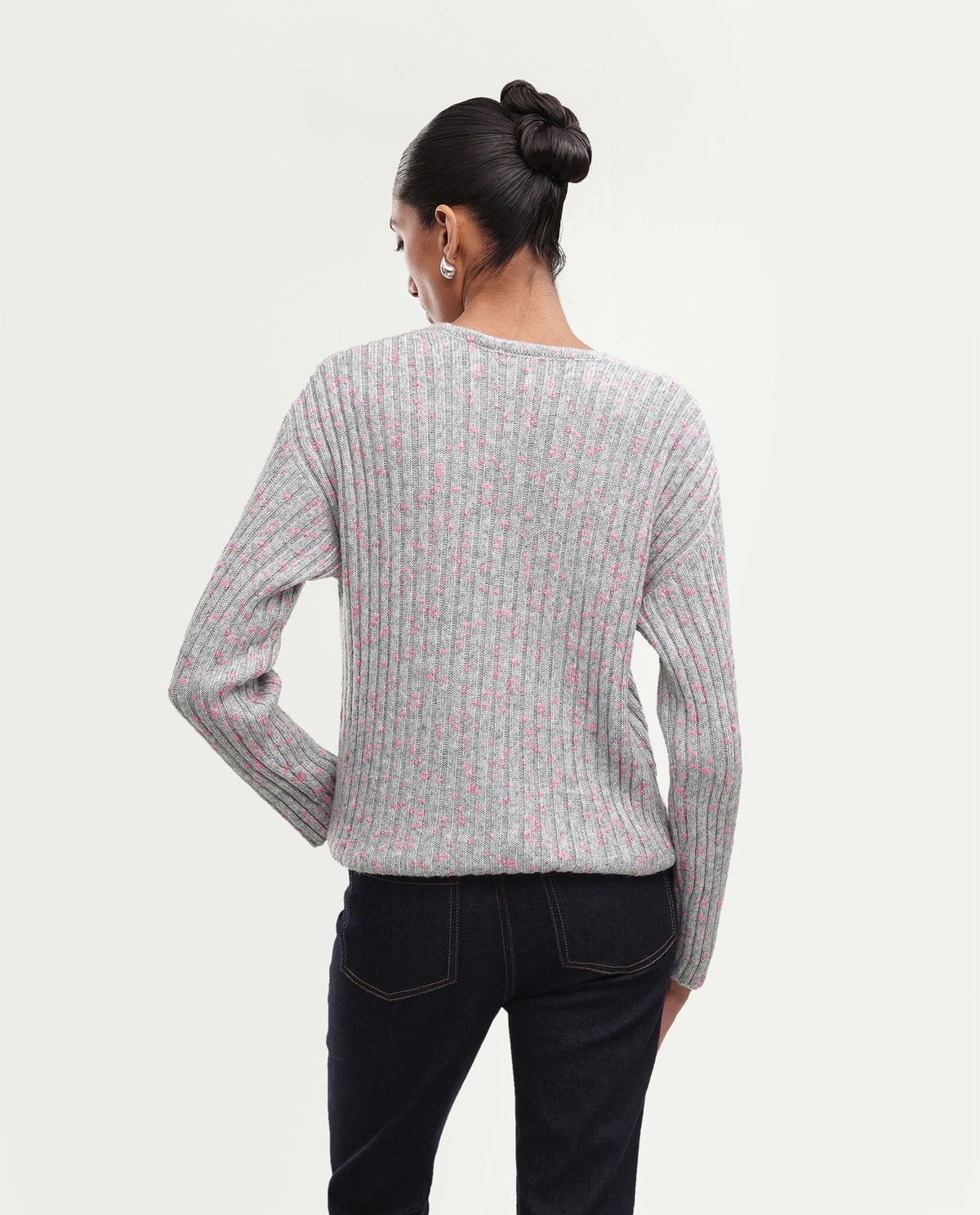 Rareism Women's Luffy Light Grey Polyester Blend V-Neck Relaxed Polka Print Sweater