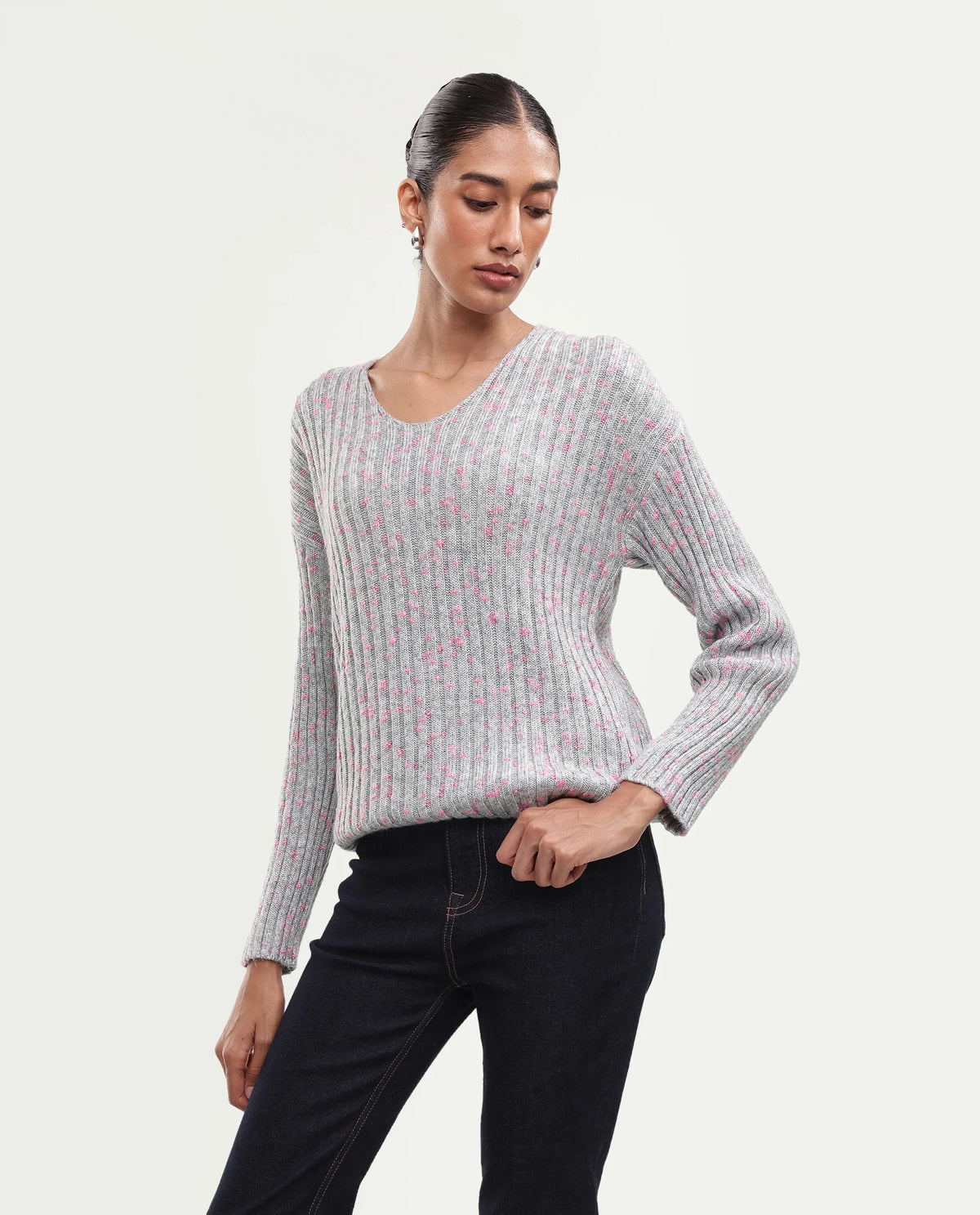 Rareism Women's Luffy Light Grey Polyester Blend V-Neck Relaxed Polka Print Sweater