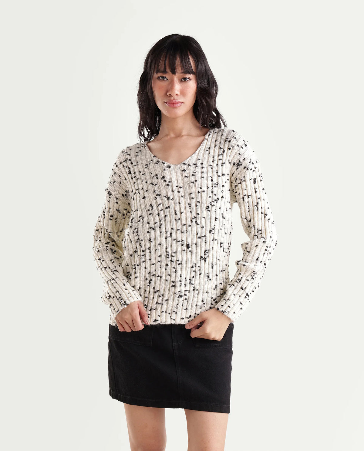 Rareism Women's Luffy Off White Polyester Blend V-Neck Relaxed Polka Print Sweater
