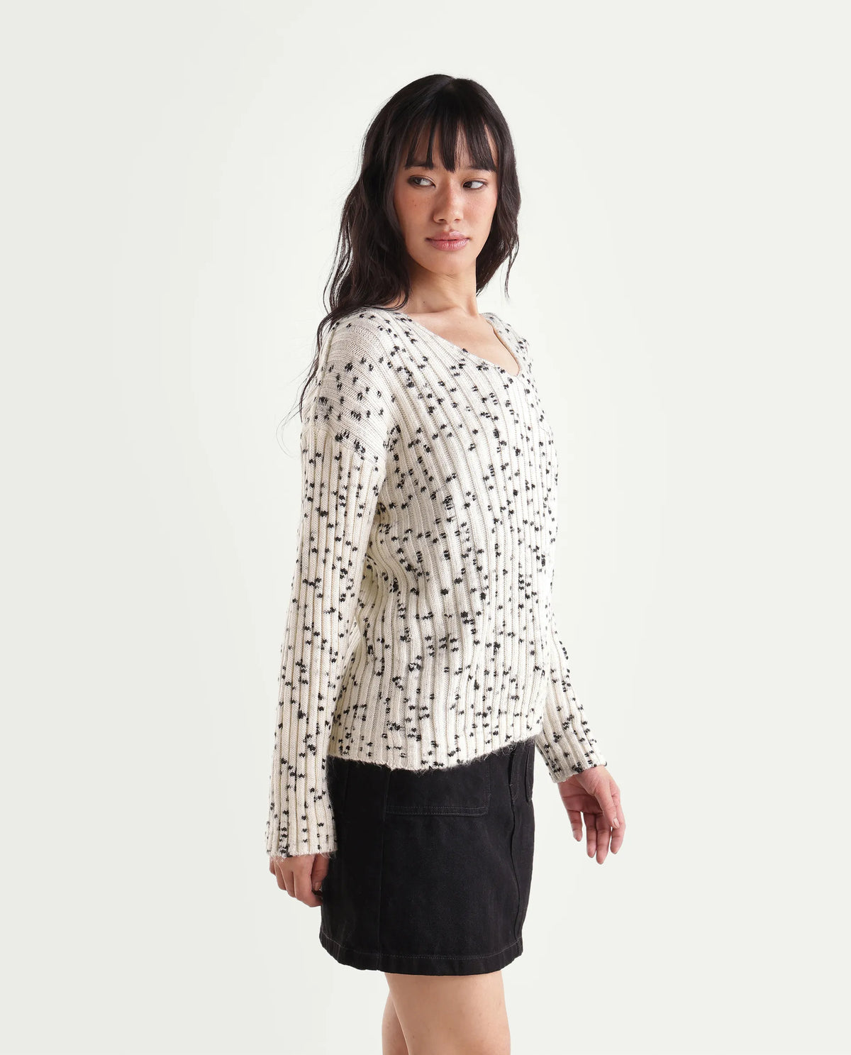 Rareism Women's Luffy Off White Polyester Blend V-Neck Relaxed Polka Print Sweater