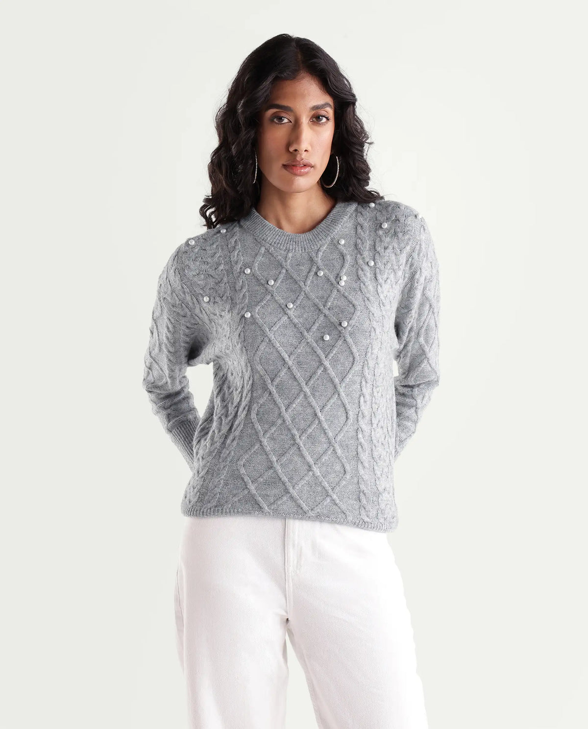 Rareism Women's Lallen Dark Grey Acrylic Blend Crew Neck Relaxed Plain Sweater
