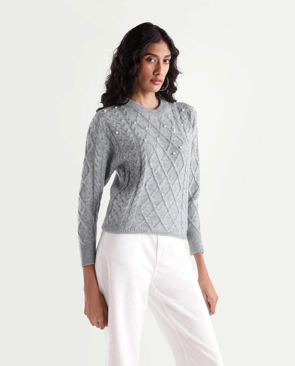 Rareism Women's Lallen Dark Grey Acrylic Blend Crew Neck Relaxed Plain Sweater