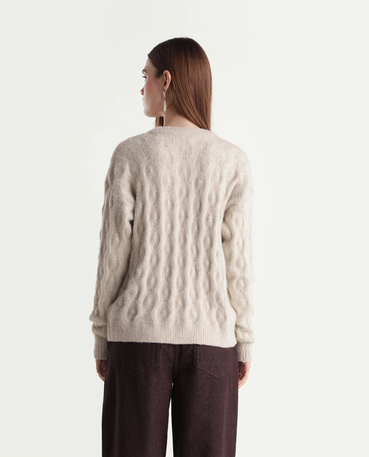 Rareism Women's Loile Off White Nylon Blend V-Neck Relaxed Plain Cardigan