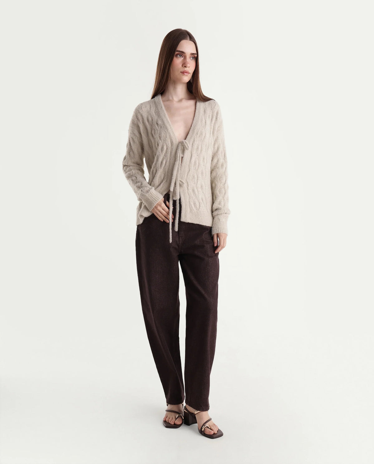 Rareism Women's Loile Off White Nylon Blend V-Neck Relaxed Plain Cardigan