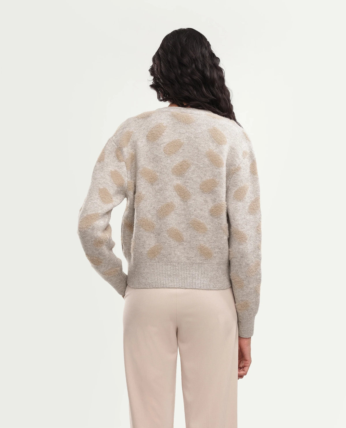 Rareism Women's Lezer Light Beige Nylon Blend Crew Neck Regular Polka Print Cardigan