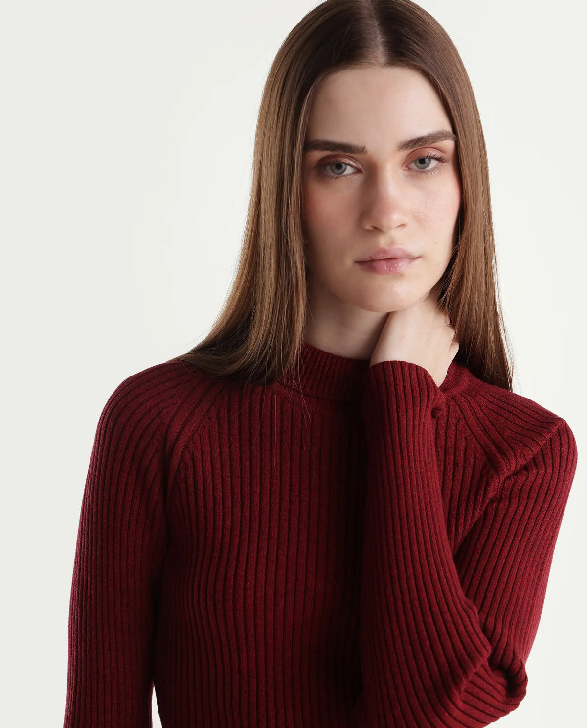 Rareism Women's Lonte Dark Red Viscose Blend Pull-On Slim Fit Sweater