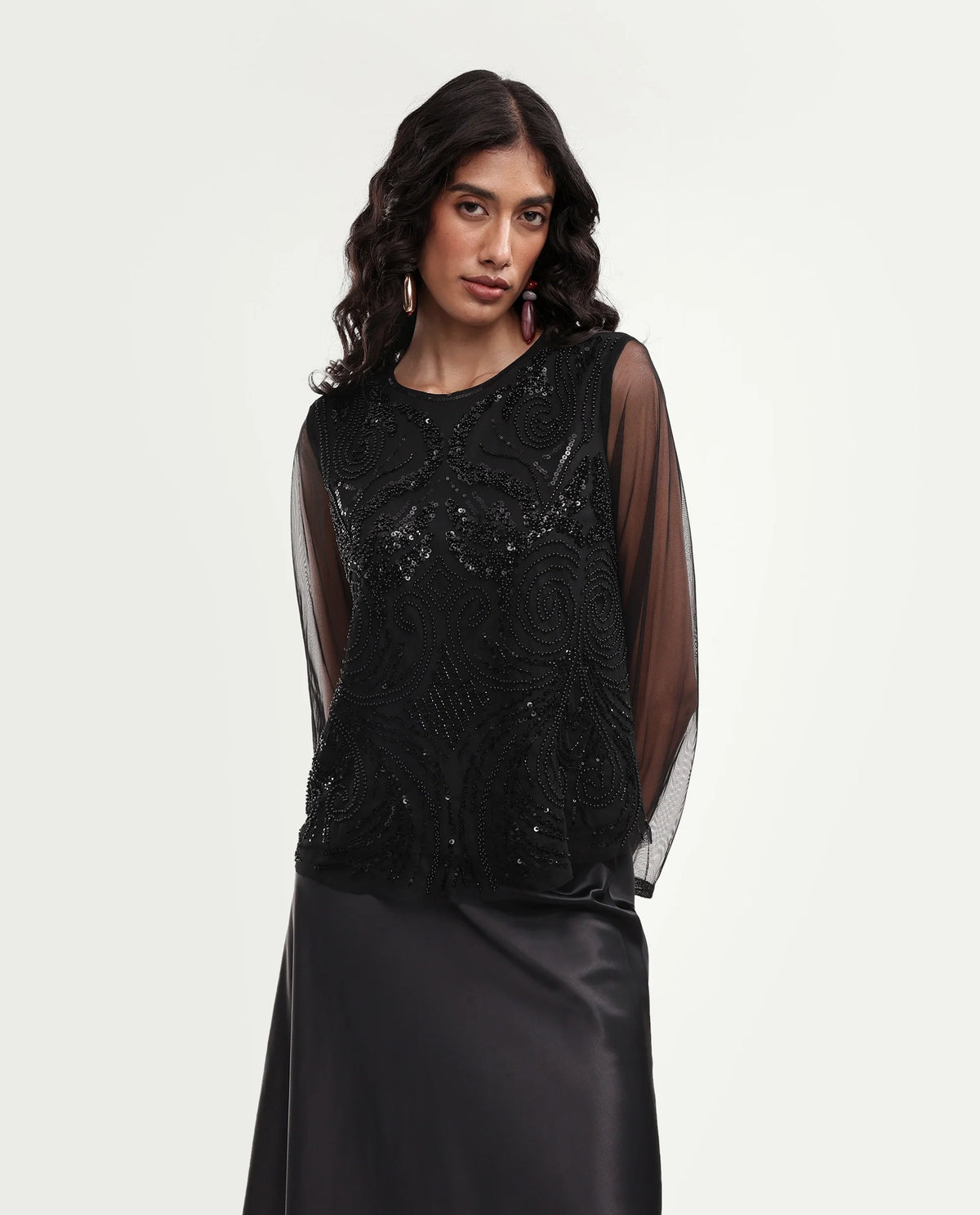 Rareism Women's Gup Primary Black Polyester Relaxed Embroidered Top