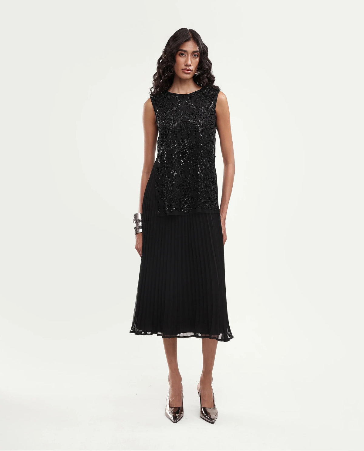 Rareism Women's Gupko Primary Black Polyester Crew Neck Fit And Flare Embroidered Dress