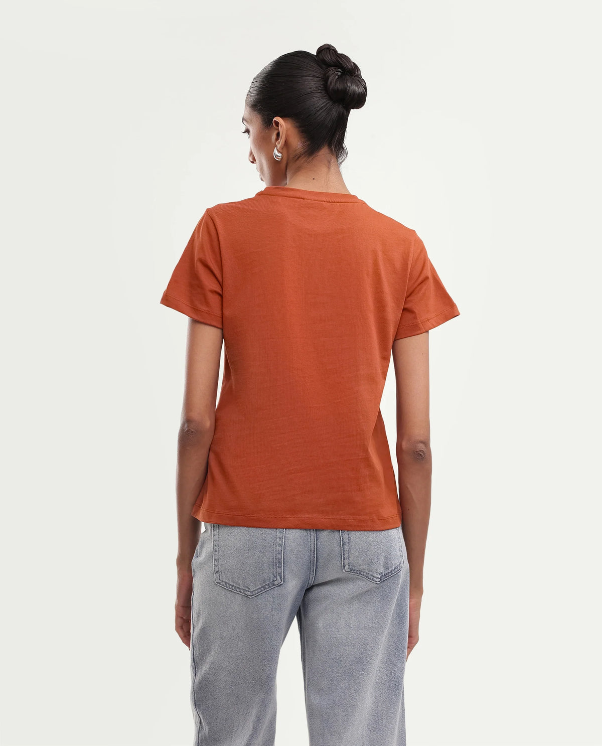 Rareism Women's Ronelps Rust Cotton Crew Neck Regular Paisley T-Shirt